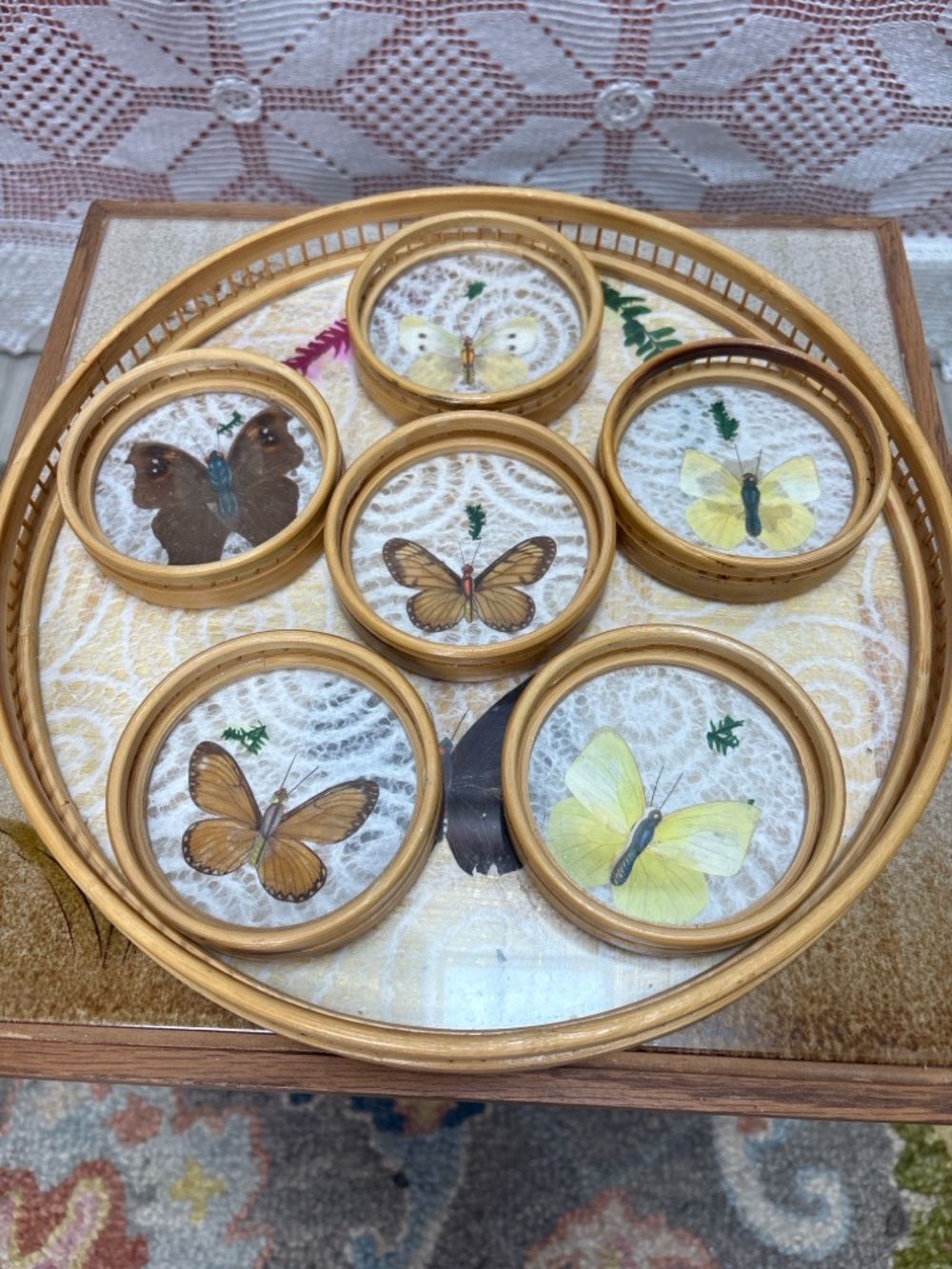 Vintage Butterfly Tray & 6 Coaster Set Wicker Cottage Decor